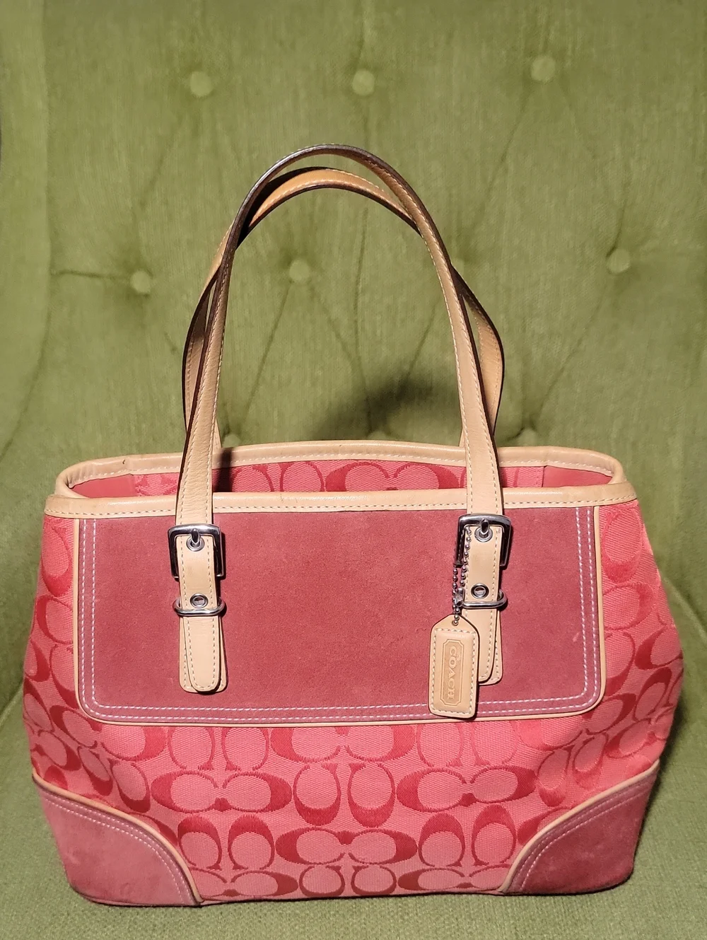 Coach Pink Signature Canvas Shoulder Tote with Beige Leather Trim